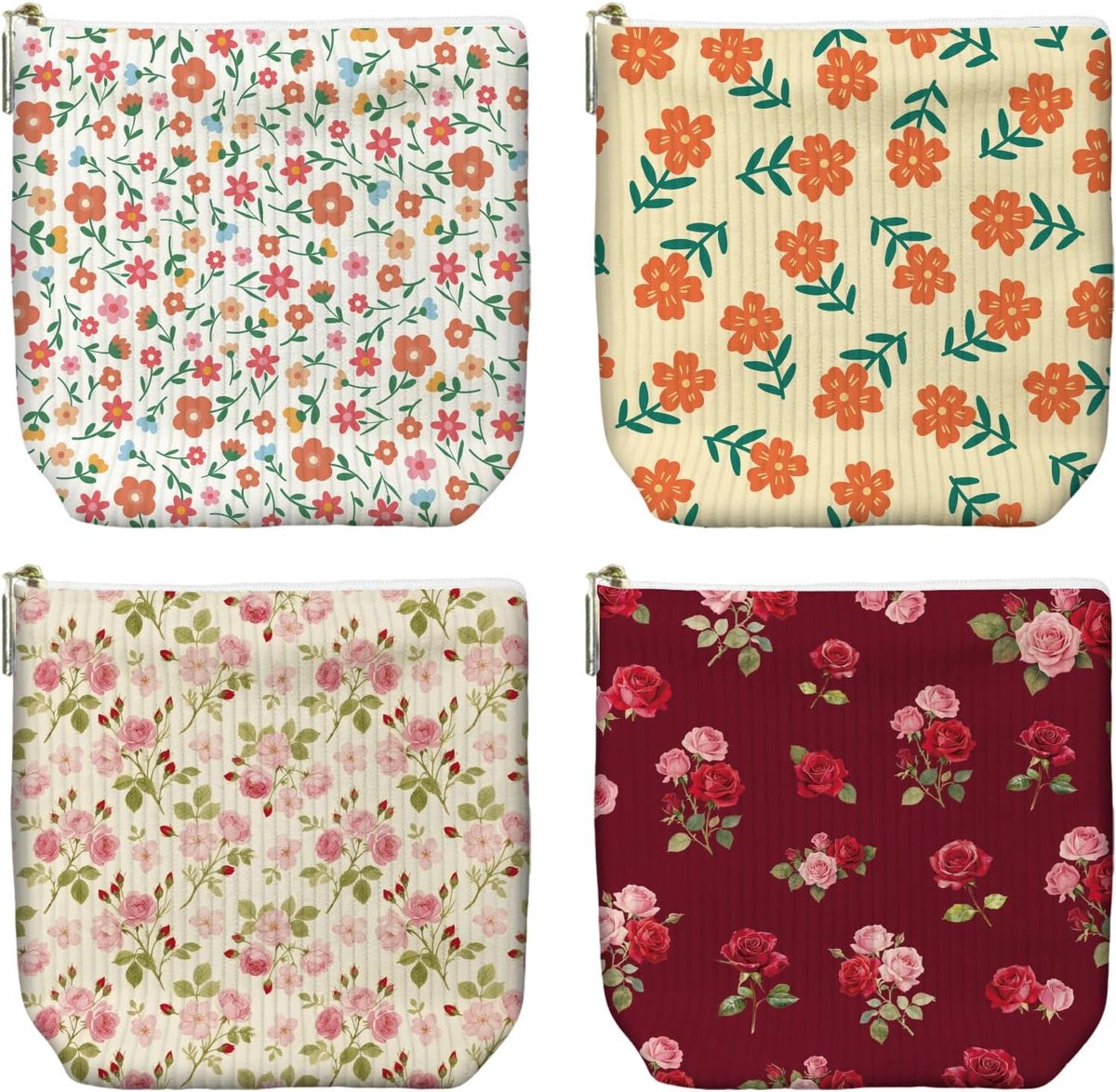 SnelShoppen - 4 Delige Corduroy Make-up Tas Set met Zipper, Schattige Mini Reistas voor Vrouwen, Draagbare Toilettas, Bloemenpatroon, Perfect voor Org