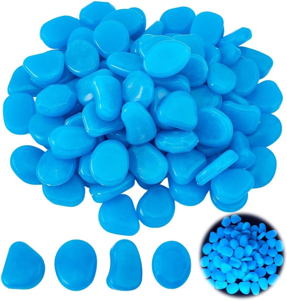SnelShoppen - 1.5kg Glow in the Dark Steentjes Blauw - Glanzende Decoratieve Keien voor Tuin, Aquarium en Bonsai - Ca. 100 Stuks Luminous Stones