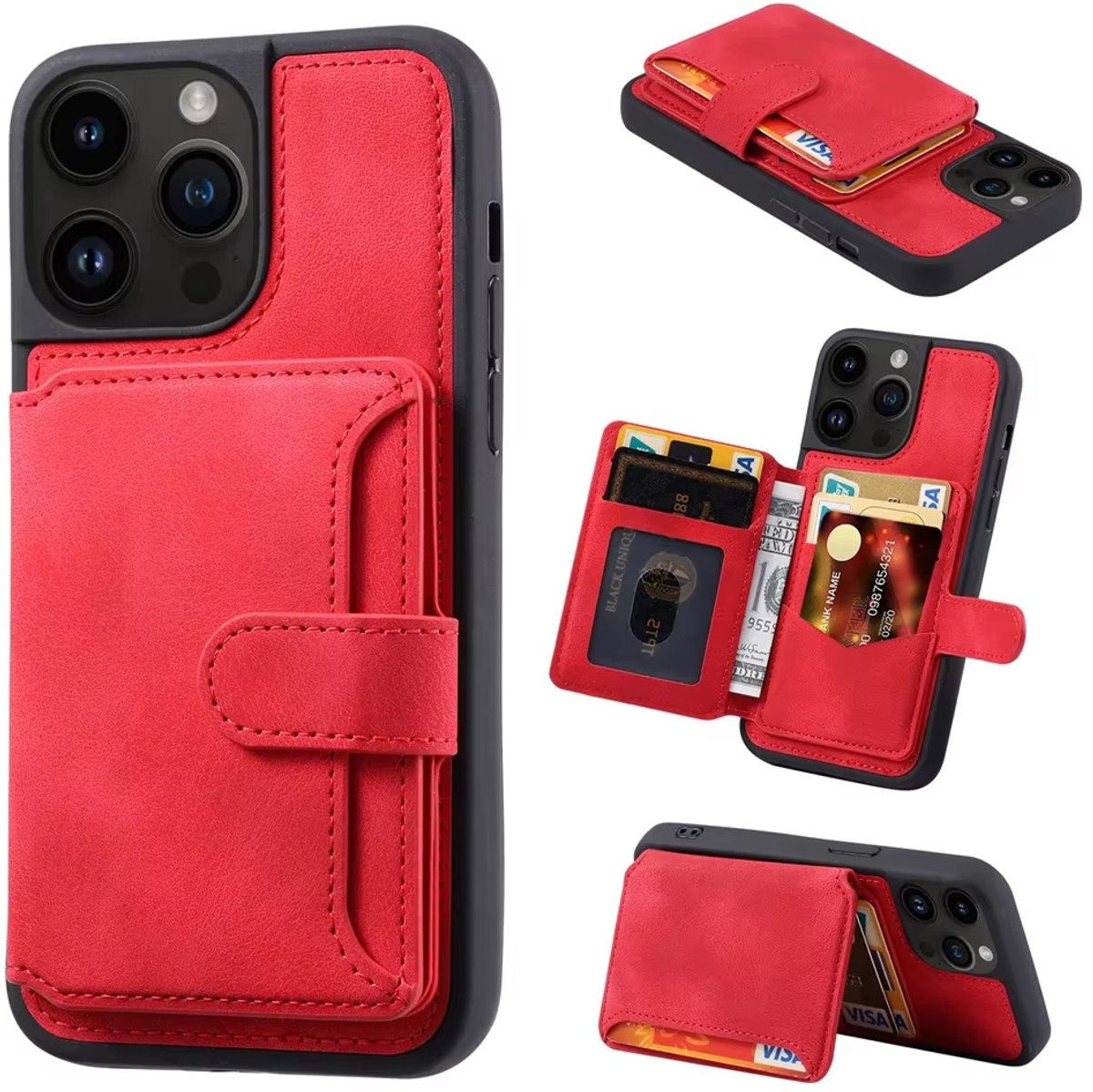 Luxe Lederen Telefoonhoesje met Kaarthouder - Geschikt voor iPhone 15 Plus - Anti-Diefstal Portemonnee Hoes - Schokbestendige Achterkant - Rood