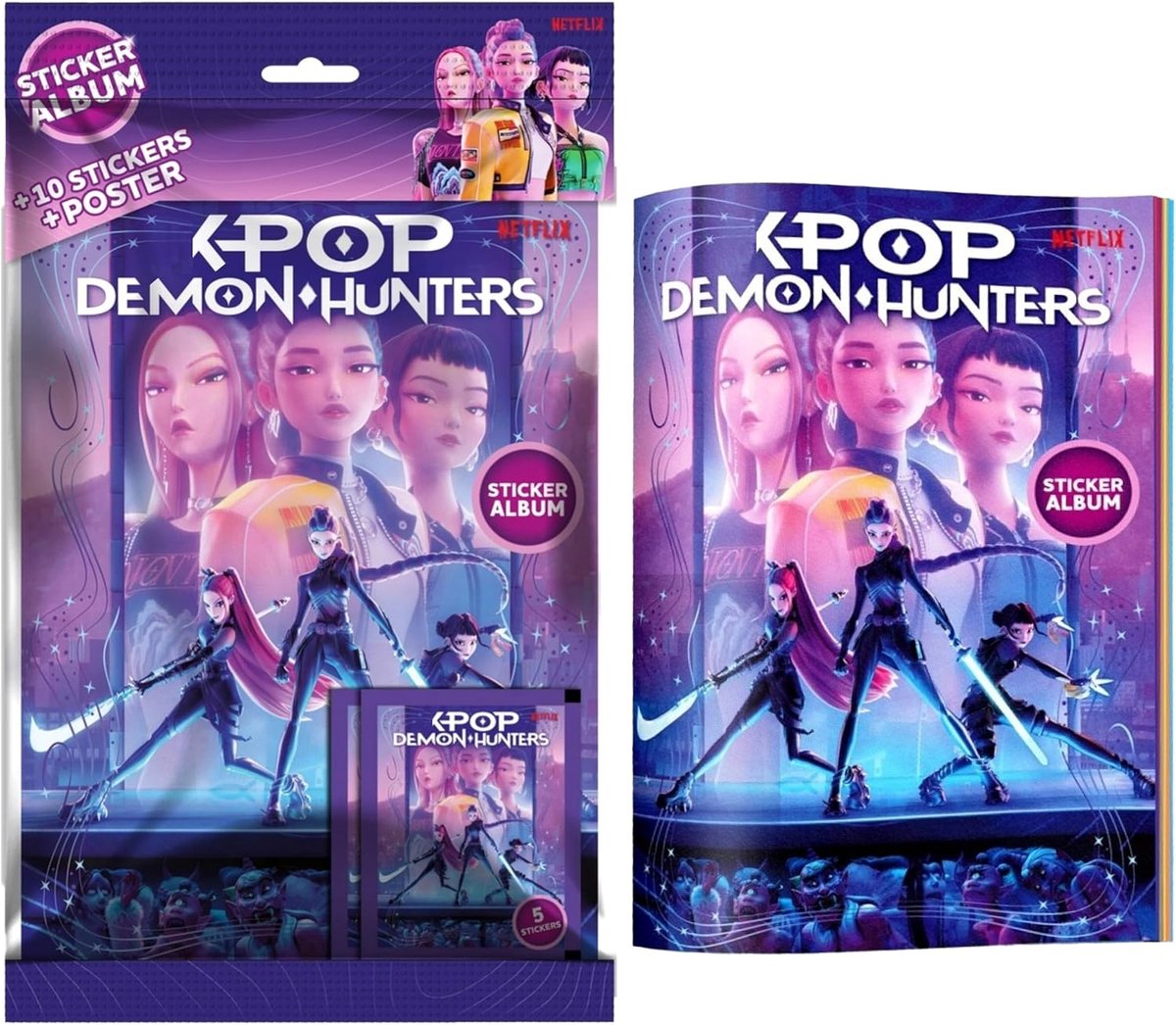 SnelShoppen - KPOP DEMON HUNTERS Album met 2 Figuren Cases + Gratis Retro Poster Starter Pack en Officiële Stickers voor KPOP Fans