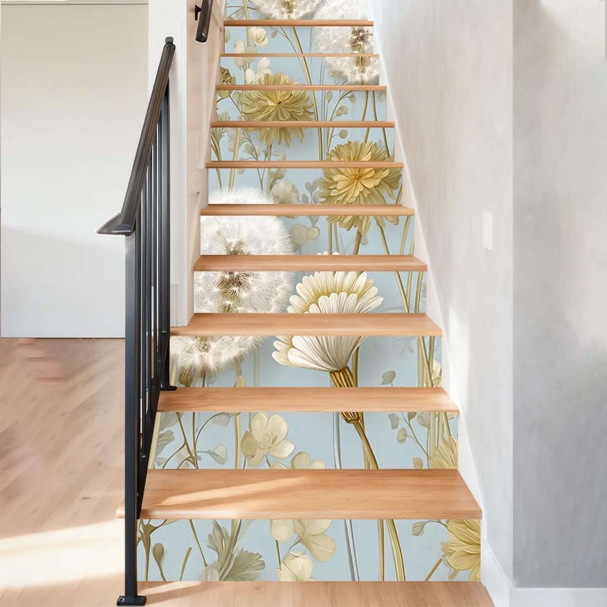SnelShoppen - 15 Stuks Trapstickers Witte Dandelion Planten Zelfklevend Waterbestendig Trapdecoratie voor Trap, Balkon, Park en Koffie - 100x18cm