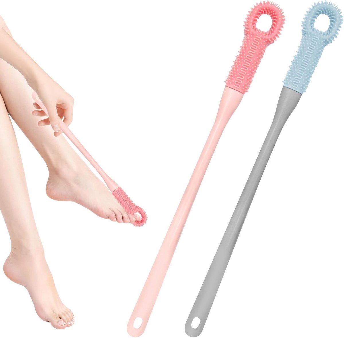 SnelShoppen - 2-in-1 Teenborstels met Lange Handgreep, Siliconen Tandenborstel en Borstel voor Tussen de Tenen in de Douche, Ergonomisch Ontwerp, Eenv