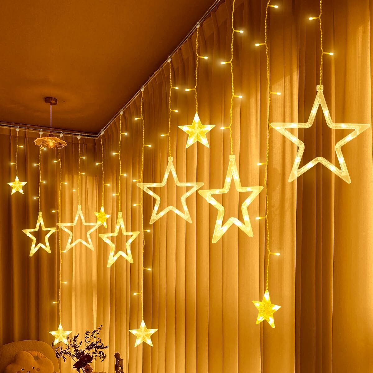SnelShoppen - 2.3 m LED Sterren Sfeerlamp met 138 LEDs, Warm Witte Fairy Lights, Sterren Gordijn voor Binnen en Buiten, Waterdicht Decoratie voor Fees