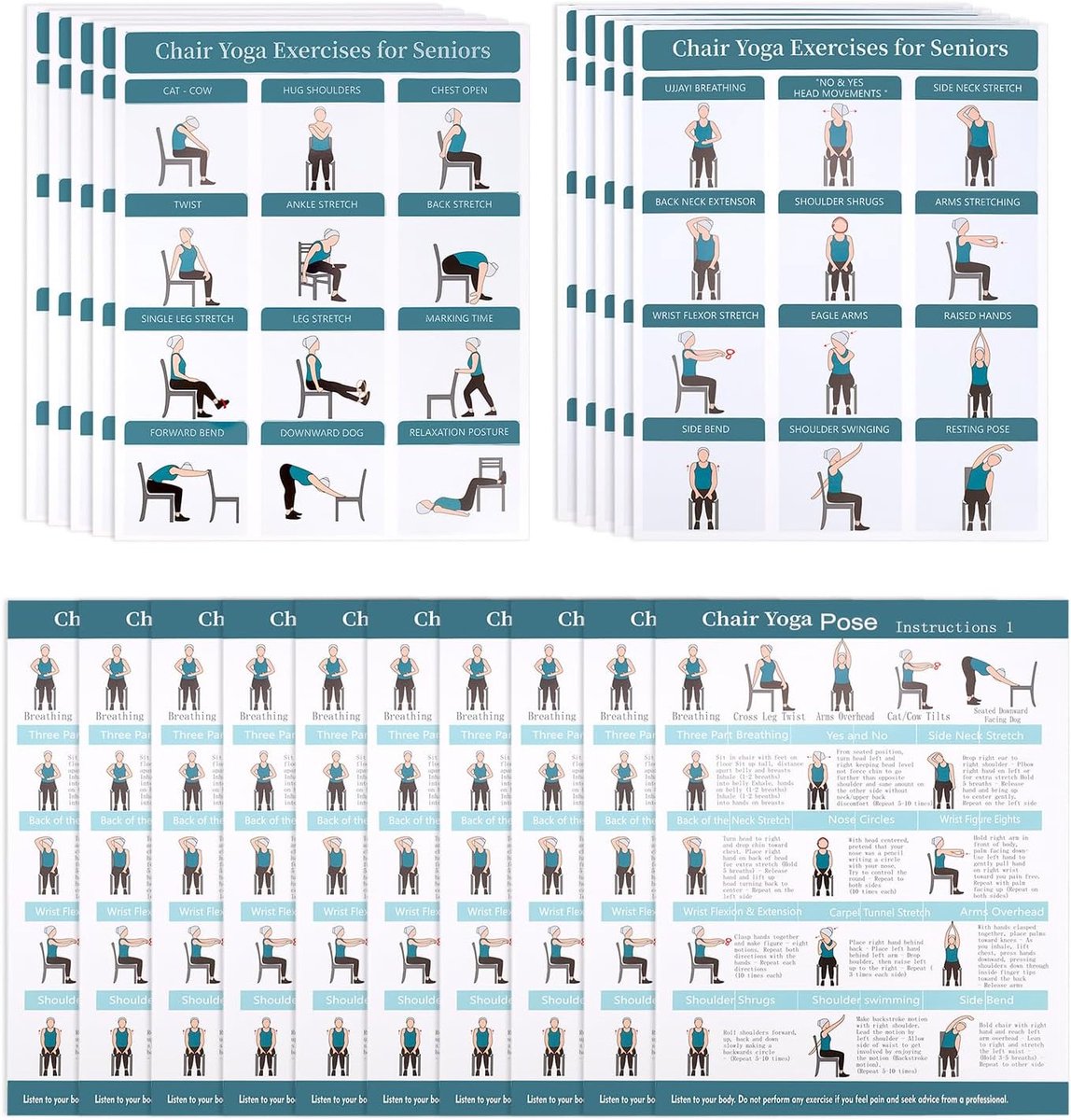 Penitue 5 Piece Set Chair Yoga Poster for Seniors and Beginners, 3 Designs Fitness Chair Workout Poster 30 Day - ShopVlot