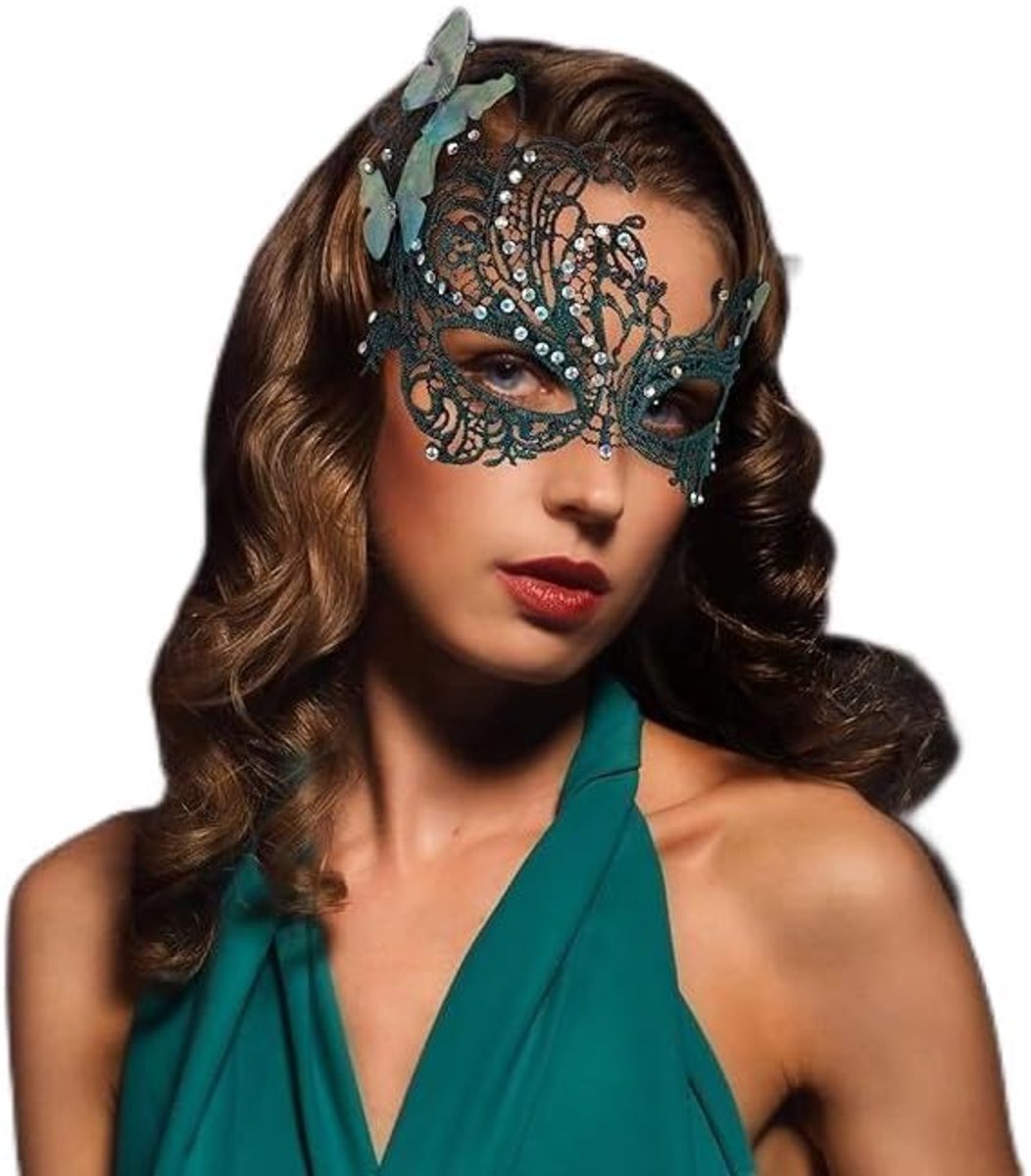 SnelShoppen - Venetiaans Masker Vrouwelijk met Handschoenen, Kanten Masker voor Carnaval en Maskerade Feest, Zwart, 1 Stuk Masker en 1 Paar Handschoen
