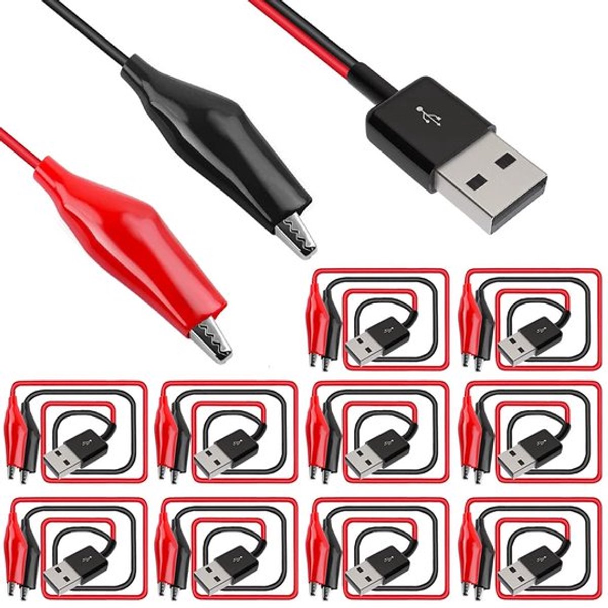 10 stuks krokodillenklemmen met USB Type-A-male-connector kabel, koperen testleads voor elektrische circuitmetingen en apparatuur testen