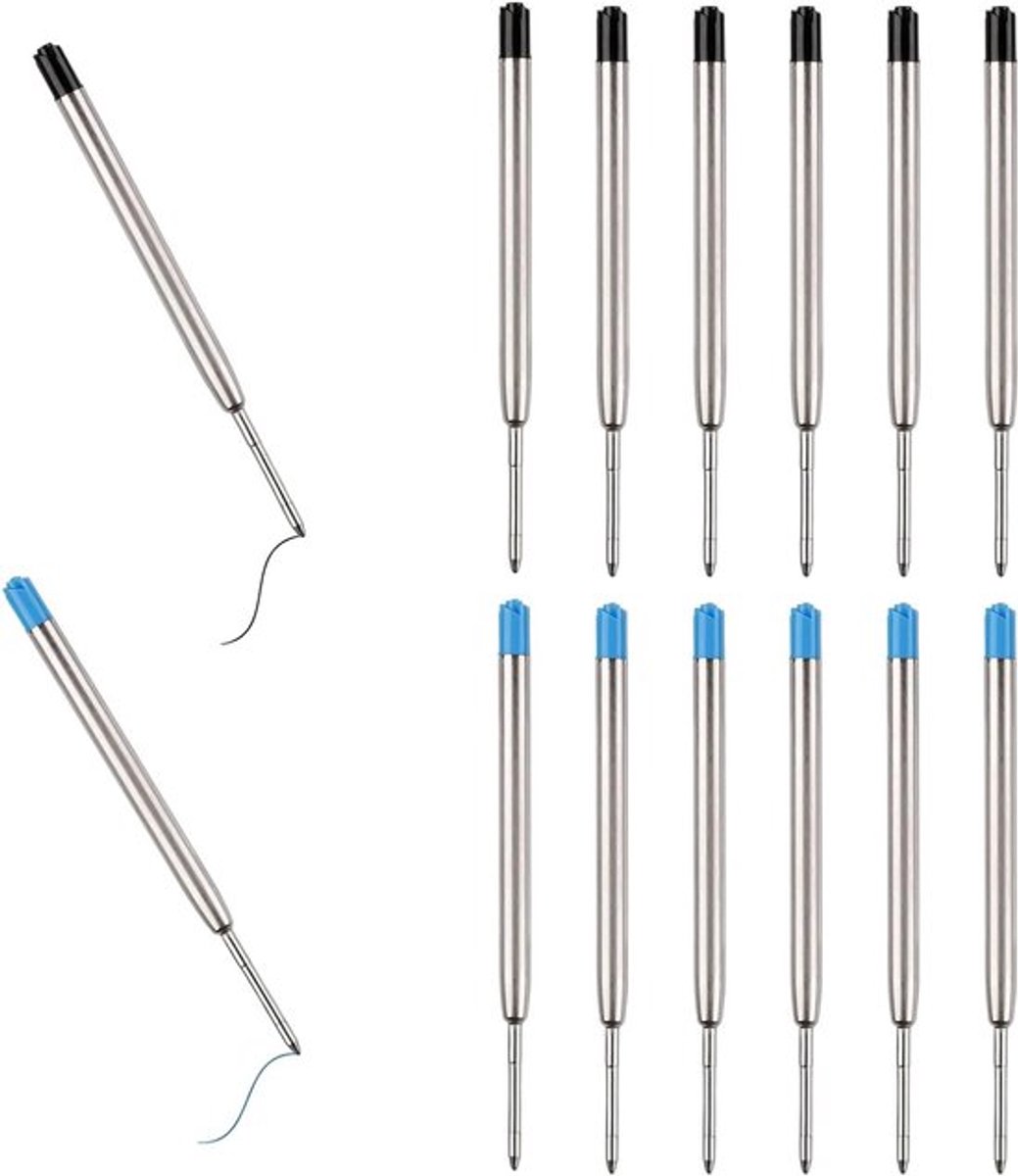 Set van 12 multifunctionele metalen balpennen navullingen, 10 cm lang, zwart en blauw, ideaal voor school, kantoor en dagelijks gebruik
