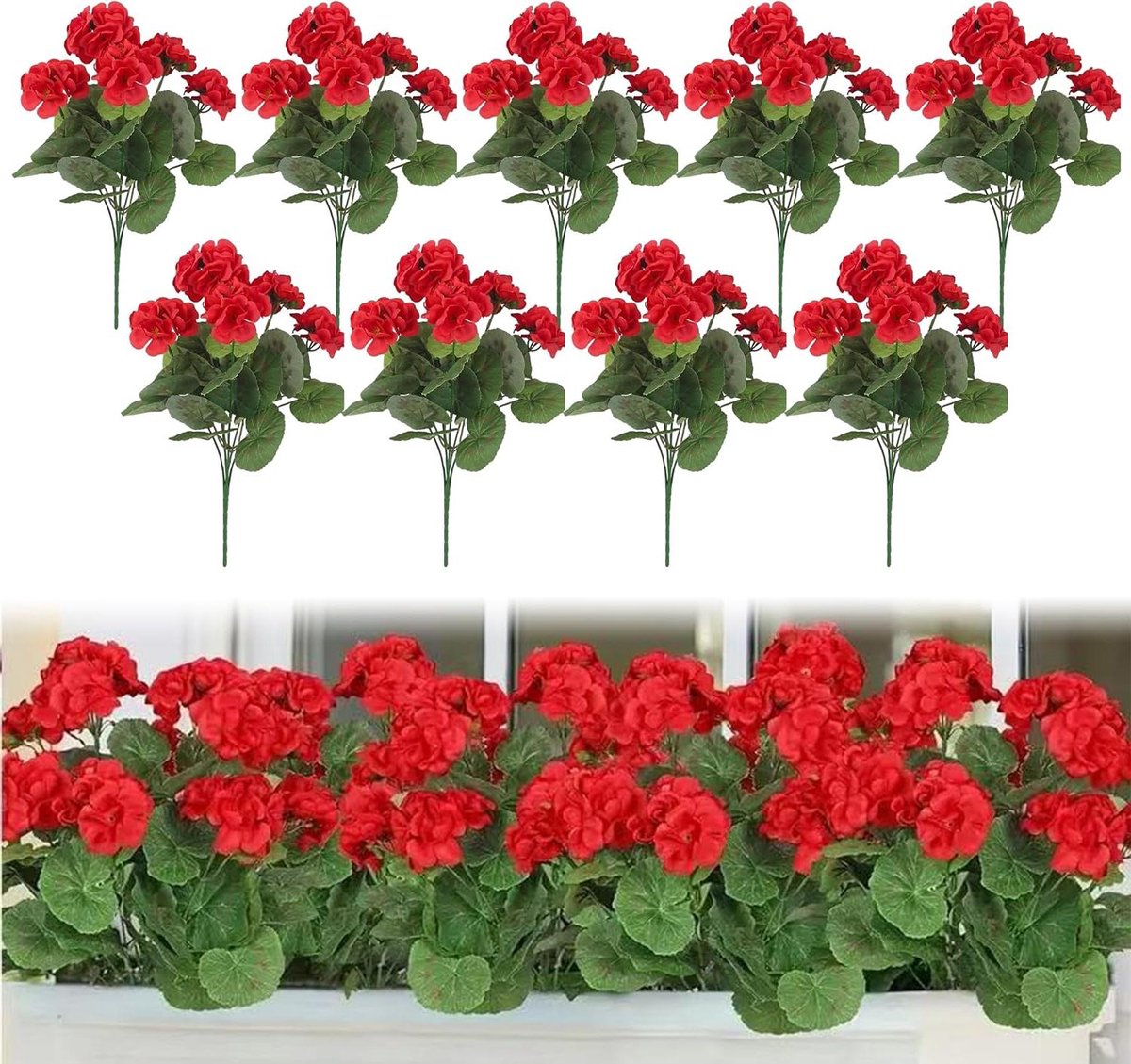Kunstmatige Geraniums - Nepbloemen Faux - Decoratie Binnen Buiten - Realistisch Levendig - 10 x 14 Inch - Rood