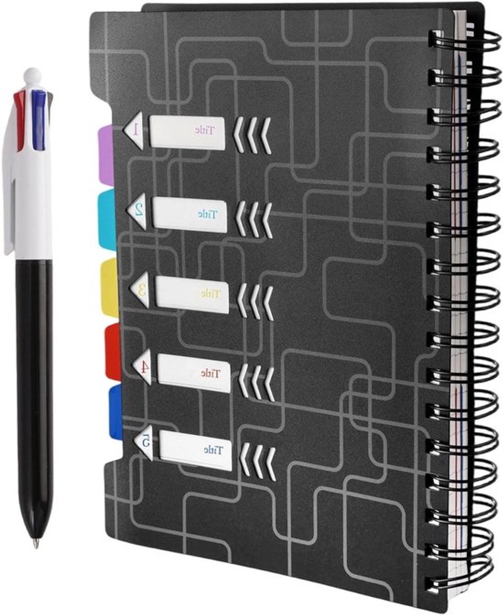 A5 Notitieboek met Register en 5 Kleuren Scheidingsbladen, Geschikt voor Universiteiten en Kantoorgebruik, Spiral Notitieblok met Pen en Indexvlaggen