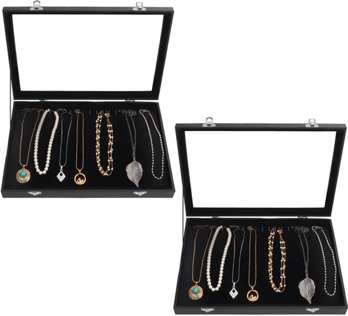 Sieradenbox Zwart Fluweel - 20 Haken - Glazen Deksel - 2 Stuks - Sieraden Organizer - Afmetingen L35 x B24 x H4,5 cm - Sieradenopberger