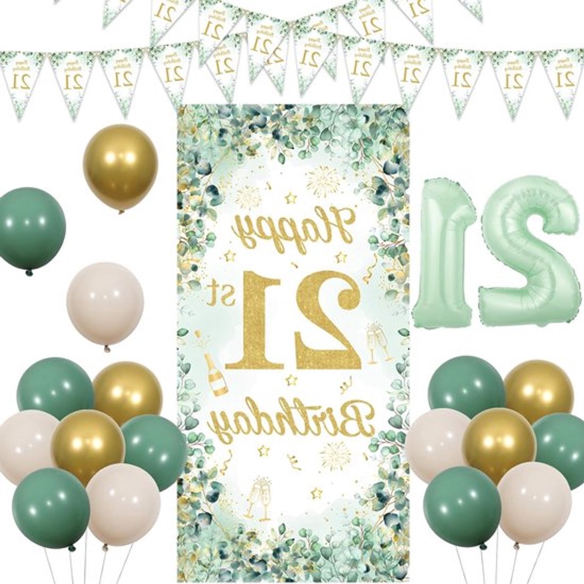 21ste Verjaardag Versieringen in Saliegroen met Deurbanner, Vlaggen en Folieballonnen voor een Feestelijke Viering