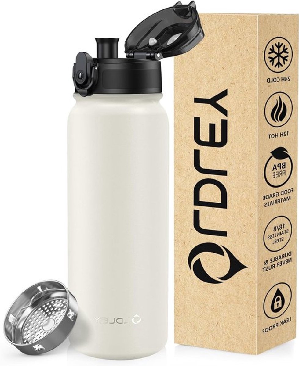 RVS Waterfles 600ml - Dubbelwandige Isolatie, Lekvrij en BPA-vrij voor Sport, School en Outdoor Activiteiten (Crème)