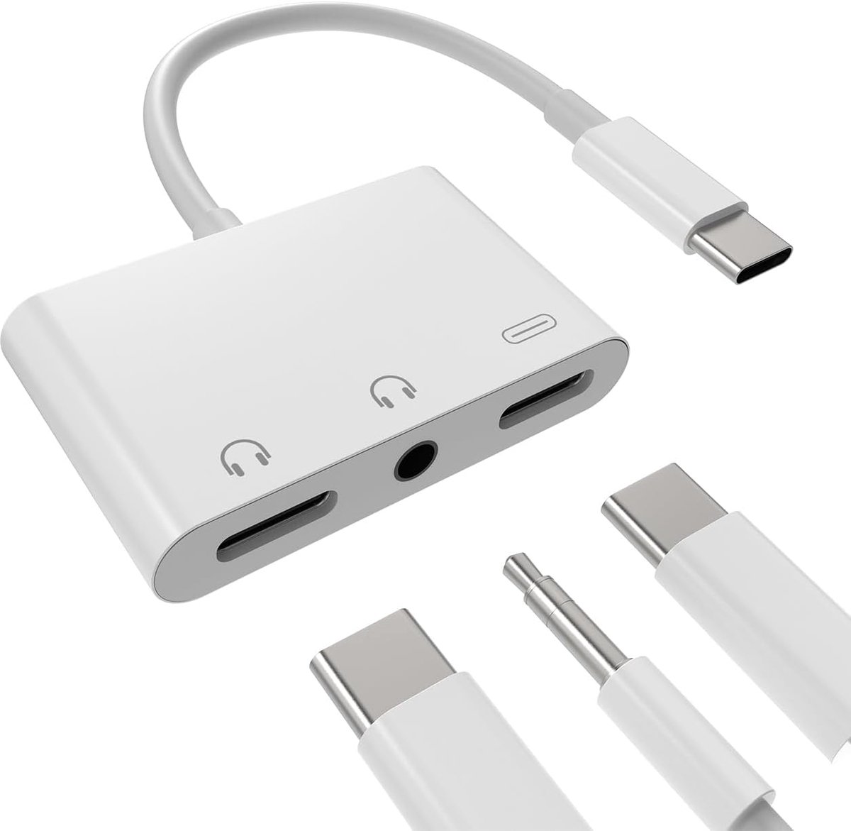 SnelShoppen - USB C Adapter naar 3.5mm Hoofdtelefoon Aux Kabel Splitter (3-in-1) voor Audio en Opladen, Compatibel met Apple iPhone 15 en Samsung S24,