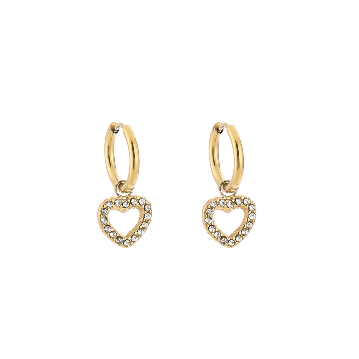 Sparkling Pave Heart Charm Hoops – Luxe Oorringen met Zirkonia Hartje – RVS - Goud