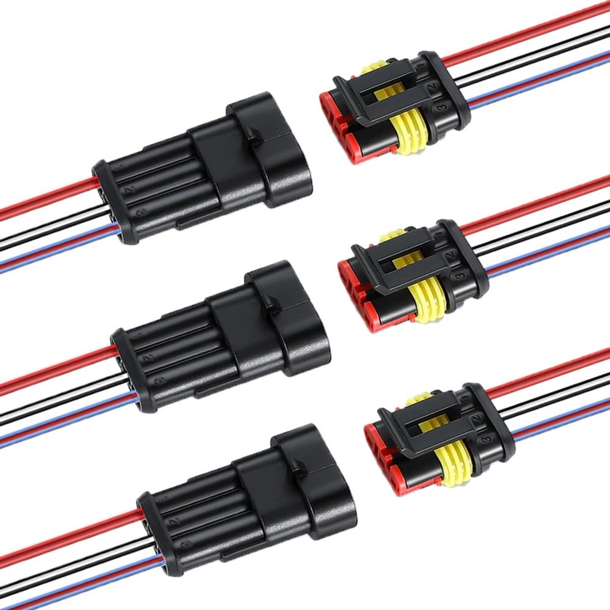3 sets 3 pin car waterproof electrical cable connectors with 16 AWG pre-wired, kit plug electric waterproof car - ShopVlot