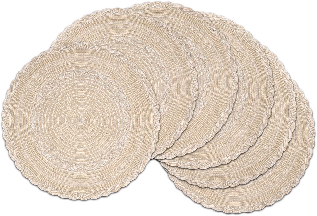 SnelShoppen - Set van 6 Ronde Beige 38 cm Wasbare Hittebestendige Gevlochten Tafelelementen voor Feest, Bruiloft, Keuken, Antibacterieel, Duurzaam