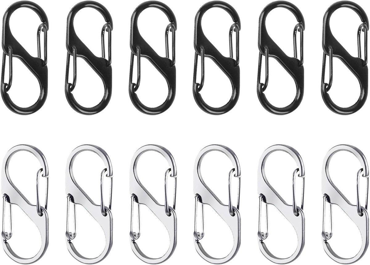 SnelShoppen - Pack van 12 Anti-Diefstal Ritssluiting Hangers, Rugzak Slot, Karabijnhaak, S-Vorm, Ritssluiting, Clip Bevestiging (Zwart, Zilver)