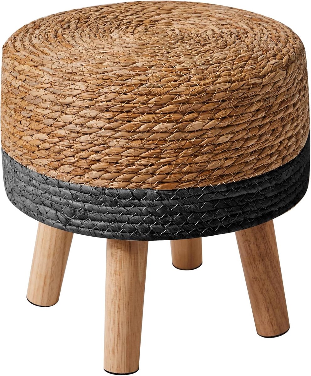 SnelShoppen - Handgeweven Natuurlijk Zeewier Voetenbank - Padded Voetsteun met Antislip Houten Poten - Landelijke Stijl - 32x32x32CM - Zwart - Multifu