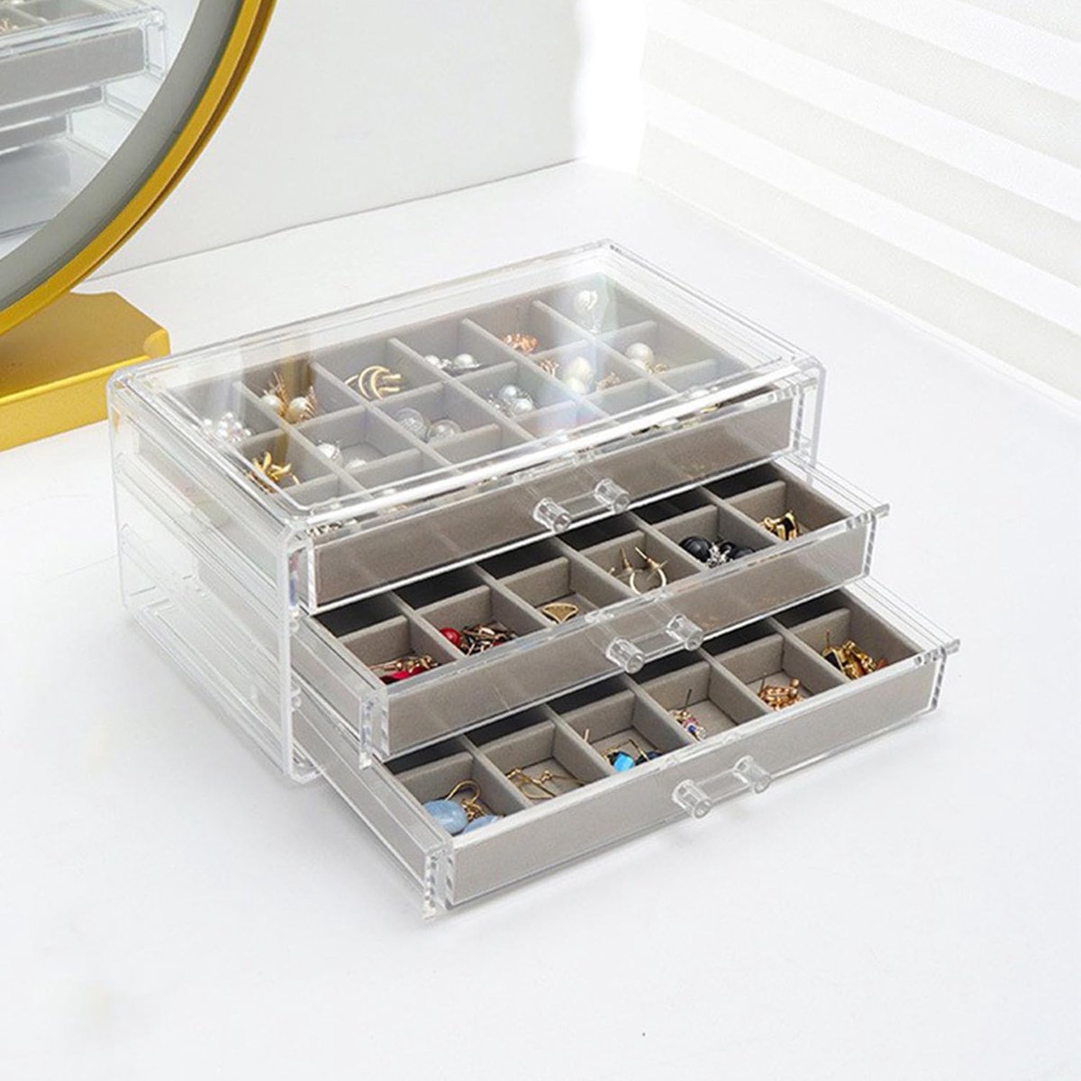 SnelShoppen - Earring Storage Box Acryl Sieraden Organizer met Velours Lades, Oorbellenopbergdoos voor Dames en Meisjes (Grijs, 3 Lades)