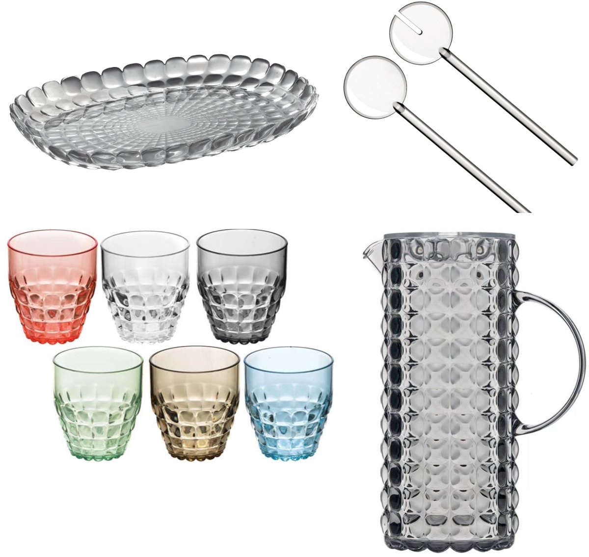 Guzzini Tiffany Tafelset 9-delig – Slabestek, Karaf, 6 Multicolour Glazen & Dienblad – Kunststof, Transparant & Multicolour – Voor Tafel, Terras & Buiten – Vaatwasserbestendig & BPA-vrij – Made in Italy