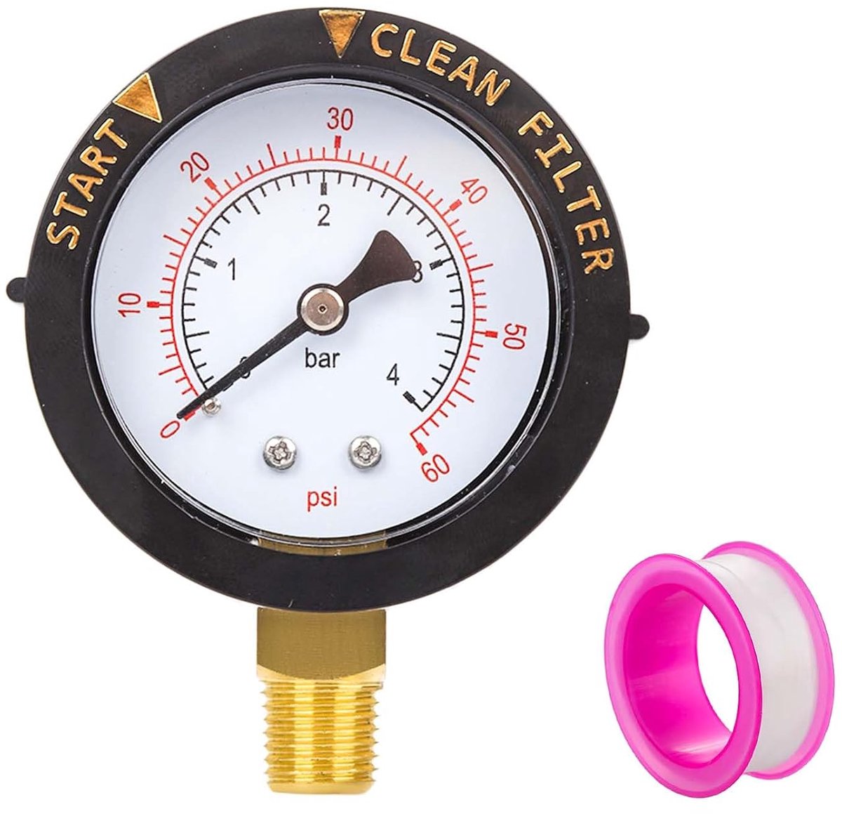 SnelShoppen - 0-60psi Waterfilter Drukmeter, RVS Drukmeter met Dichtband, Drukindicator voor Zwembadpomp 1/4 NPT Onderzijde Montage, Druktest Tafel vo