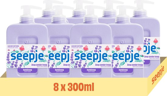 Acht paarse Seepje handzeepflessen in een gele kartonnen verpakking met '8 x 300ml'.