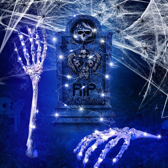 SnelShoppen - Realistische Halloween Decoratie Buiten Skelet met Glanzende Grafsteen, Spinrag en LED Skelet Hand voor Creepy Buiten Decoratie