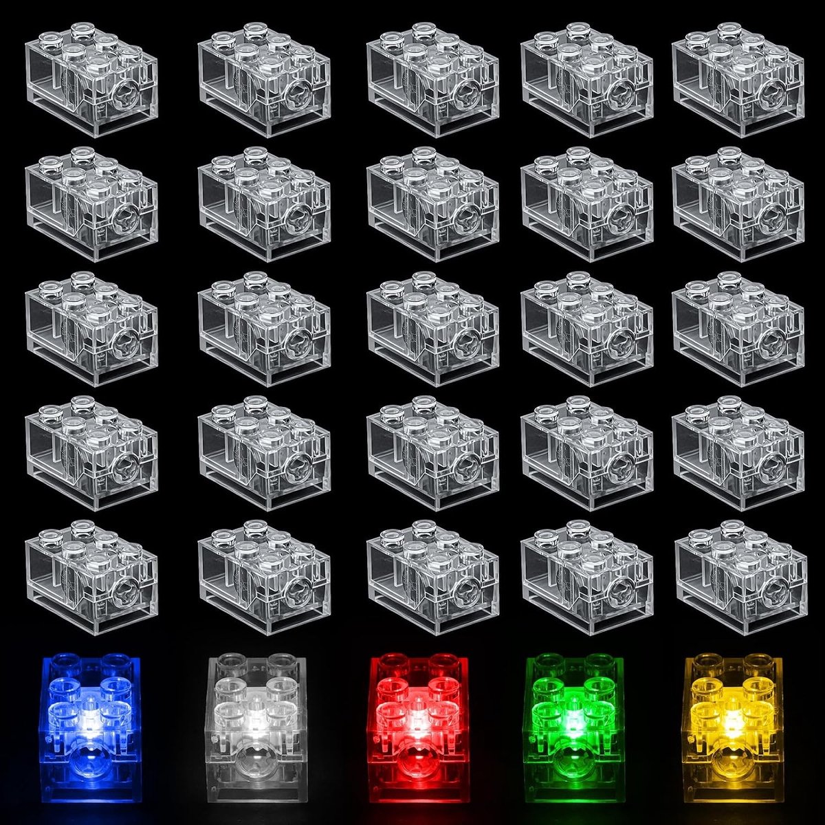 Set van 30 Luminous Bouwstenen, 2 x 2 LED Lichtstenen, Transparante Bouwblokken in 5 Kleuren, Herbruikbaar en Compatibel met Alle Standaard Bouwstenen