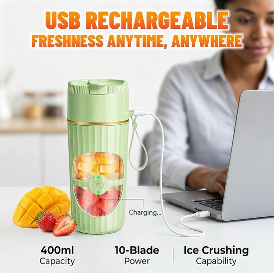 Draagbare Blender - Mini Mixer - Verse Dranken Maken - 10 Roestvrijstalen Messen - 400 ml - Groen — afbeelding 4
