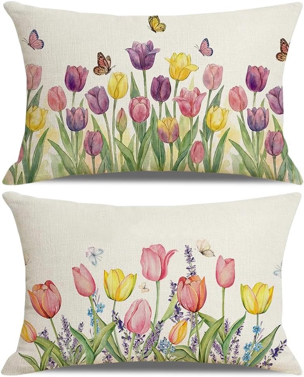 Set van 2 Decoratieve Kussenslopen met Lente Bloemen, Vlinders en Vogels voor Sofa Versiering