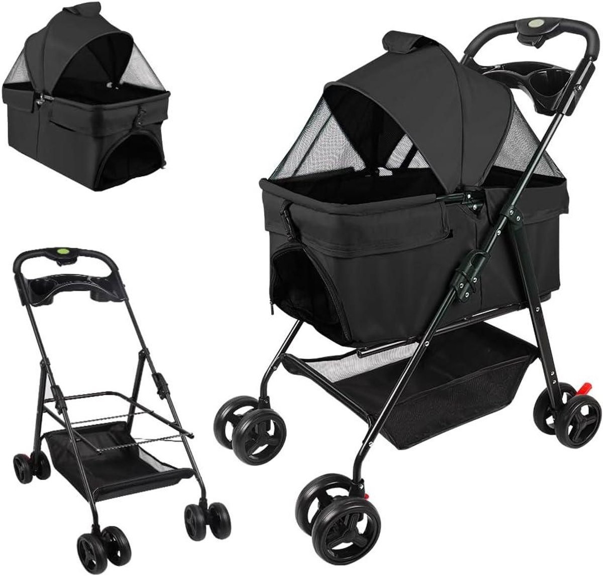 Dierenkinderwagen - Hondenbuggy - Comfortabel Reizen - 3-in-1 functie - Tot 30 kg - Zwart