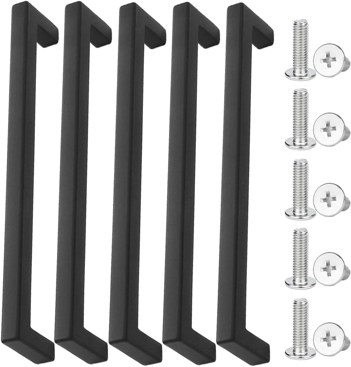 SnelShoppen - 5 Stuks Zwarte Deurgrepen, 10 Stuks Platkop Schroeven, Kastgrepen, Ladenhandvatten, Garderobe Deurgrepen, Aluminium Handgrepen Art Deco