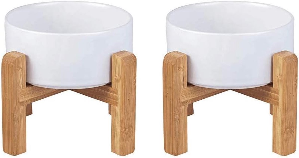 Verhoogde Hondenbak - Dubbele Voerbak - Comfortabel Eten - Antislip Houten Standaard - 2 Stuks - Wit