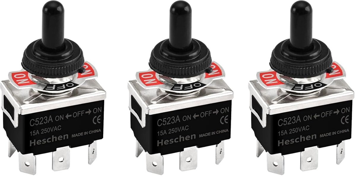SnelShoppen - Heschen Metalen Toggle Switch DPDT 15A 250VAC, 3 Posities ON/OFF/ON, Waterdichte Kap, 6 Platte Stekkers, 12mm Montagegat
