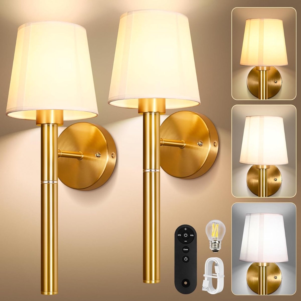 ZRNS® Oplaadbare Wandlamp LED - Lamp voor Binnen Op Batterijen - Draadloos - 3 Lichtkleuren - Met Afstandsbediening - 2 Stuks - Goud