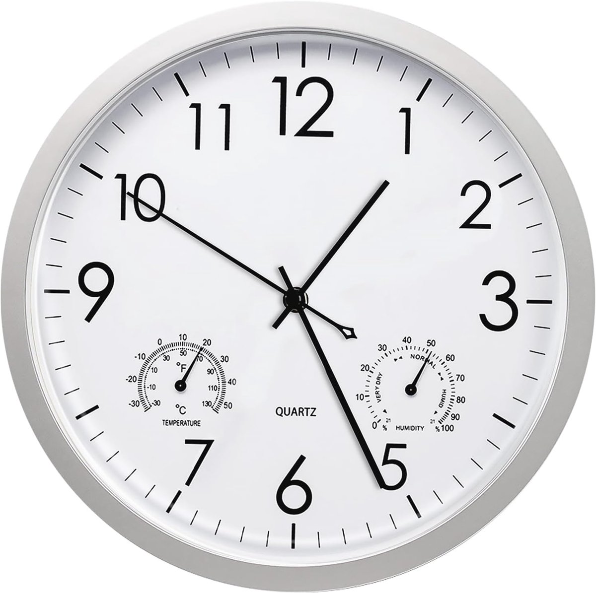 SnelShoppen - Stille wandklok 30 cm met thermometer en hygrometer - Moderne ronde kwarts-wandklok - Wit voor keuken, woonkamer en kantoor