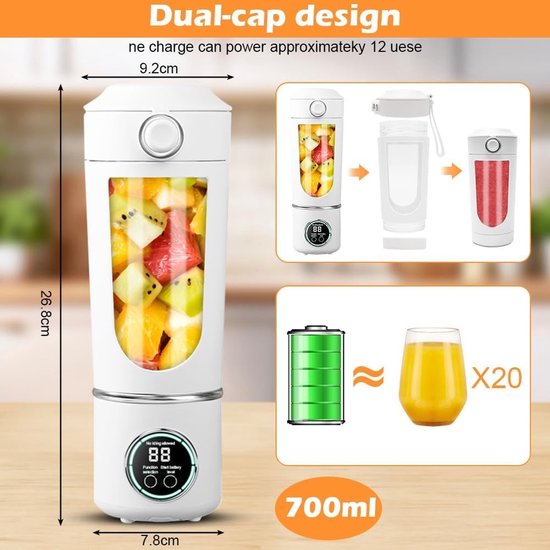 Draagbare Blender - Blender - 700ml - 12 Messen - Smoothie Maker - Mini Blender - LCD Display - USB-C - Smoothie Maker To Go - Elektrische Shakebeker - Draagbare Mixer voor Sport & Reizen - blender voor smoothies en shakes - Wit van Merkloos — afbeelding 2