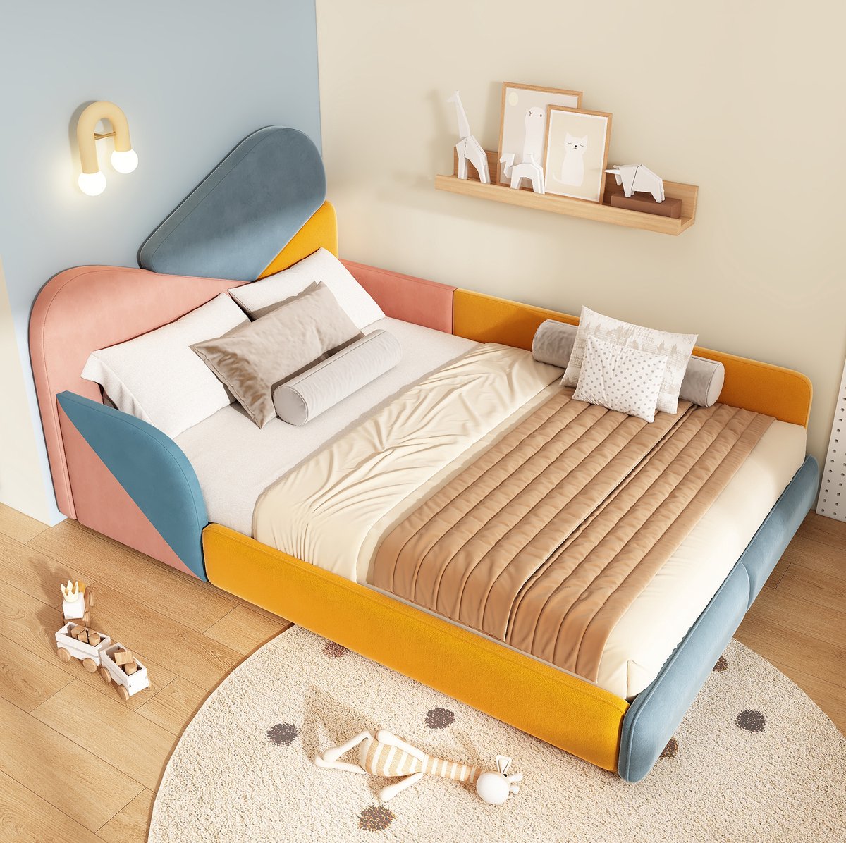 MIVRAY Kinderbed 140x200 Cm - Gestoffeerd Bed Met Uitvalbeveiliging En Gepoeld Hoofdbord - Ruim En Comfortabel - Voor Kinderkamer - Stof - Blauw Multikleur