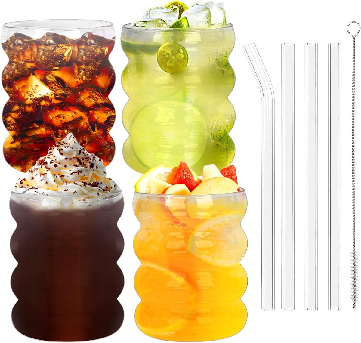 Drinkglazen Set - Transparant - 350 ml - Borosilicaatglas met Rietjes en Borstel - Voor Cocktails en Dranken