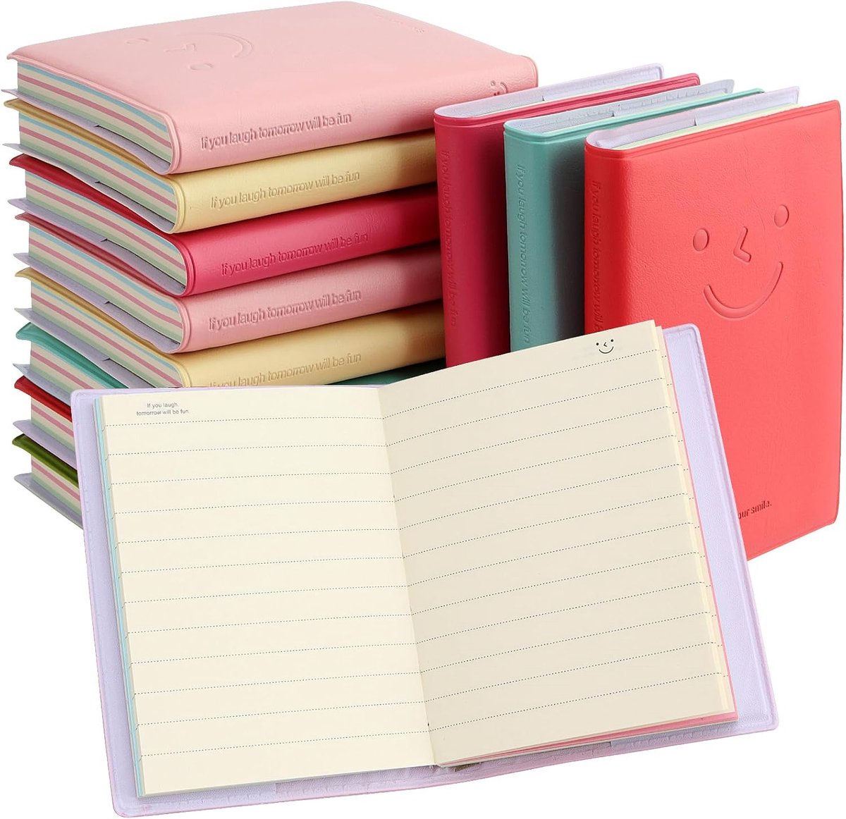 SnelShoppen - 12 Stuks Mini Smiley Notitieboekjes, 100 Bladzijden Pocket Notitieblok met Imitatie Leer, 6 Kleuren Kleine Memo Pads voor Thuis, Kantoor