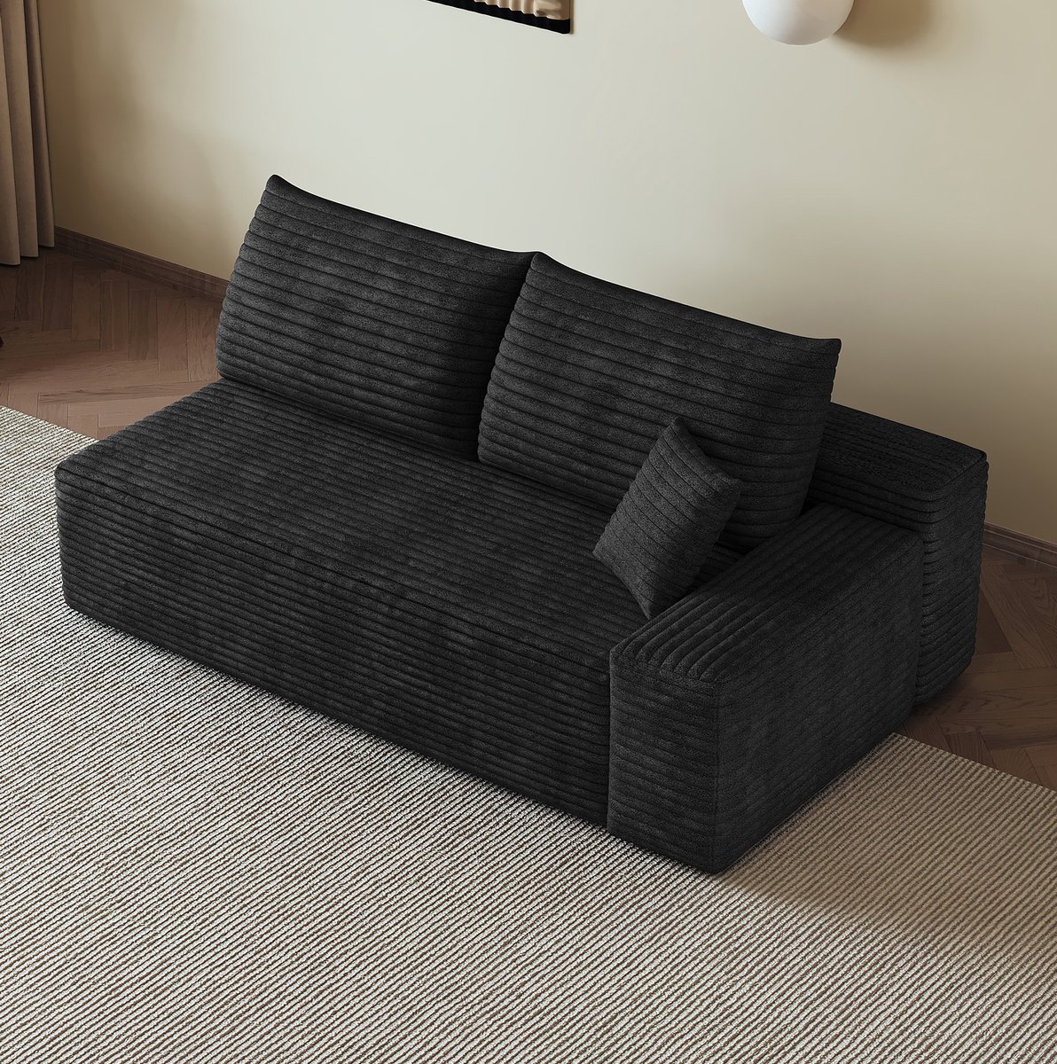 FloraGrace Hoekbank 2-Zits Met Rechter Chaise - Zonder Montage, Met Kussen En Zachte Ribstof - Voor Woonkamer En Lounge - Stof - Zwart