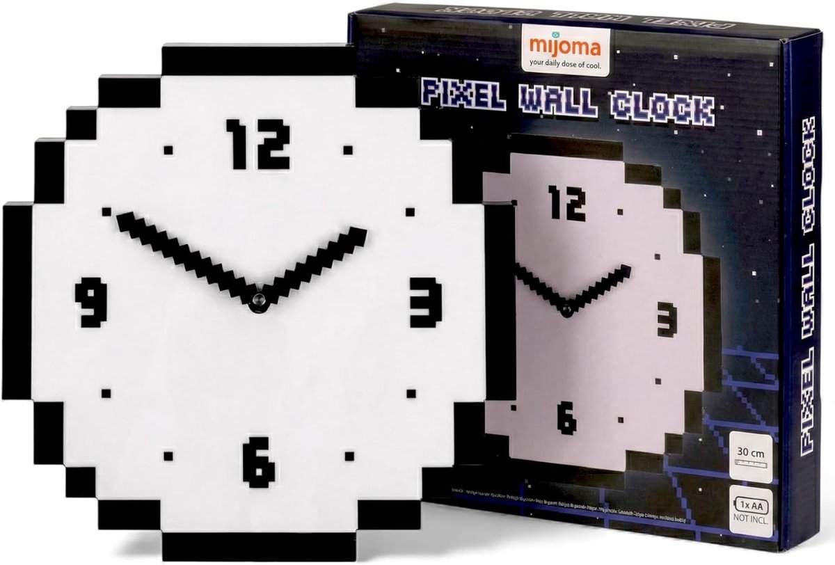 SnelShoppen - Retro Wandklok Pixel 30x30cm Design Vierkant Laag Geluid Kunststof voor Woonkamer Kantoor Gamingkamer Batterij Aangedreven