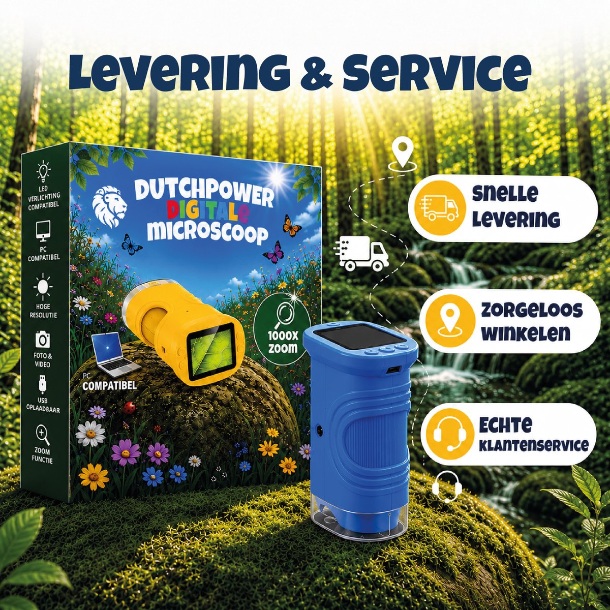 DUTCHPOWER Digitale Microscoop 1000x-4K-voor Kinderen – Draagbare Handmicroscoop met Foto & Video – STEM Educatief Speelgoed voor Ontdekken in Tuin en Natuur – Geschikt voor 4 t/m 12 jaar-Blauw — afbeelding 6