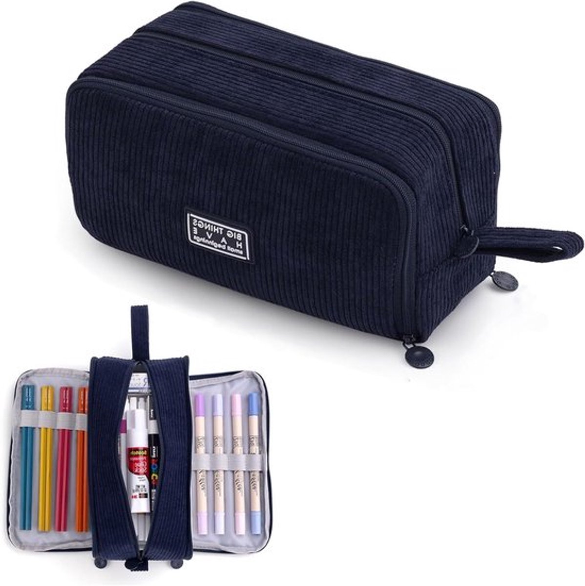 Grote Pennenhouder met 3 Compartimenten voor Tieners, Organizer voor School en Kantoor, Navyblauw Katoen
