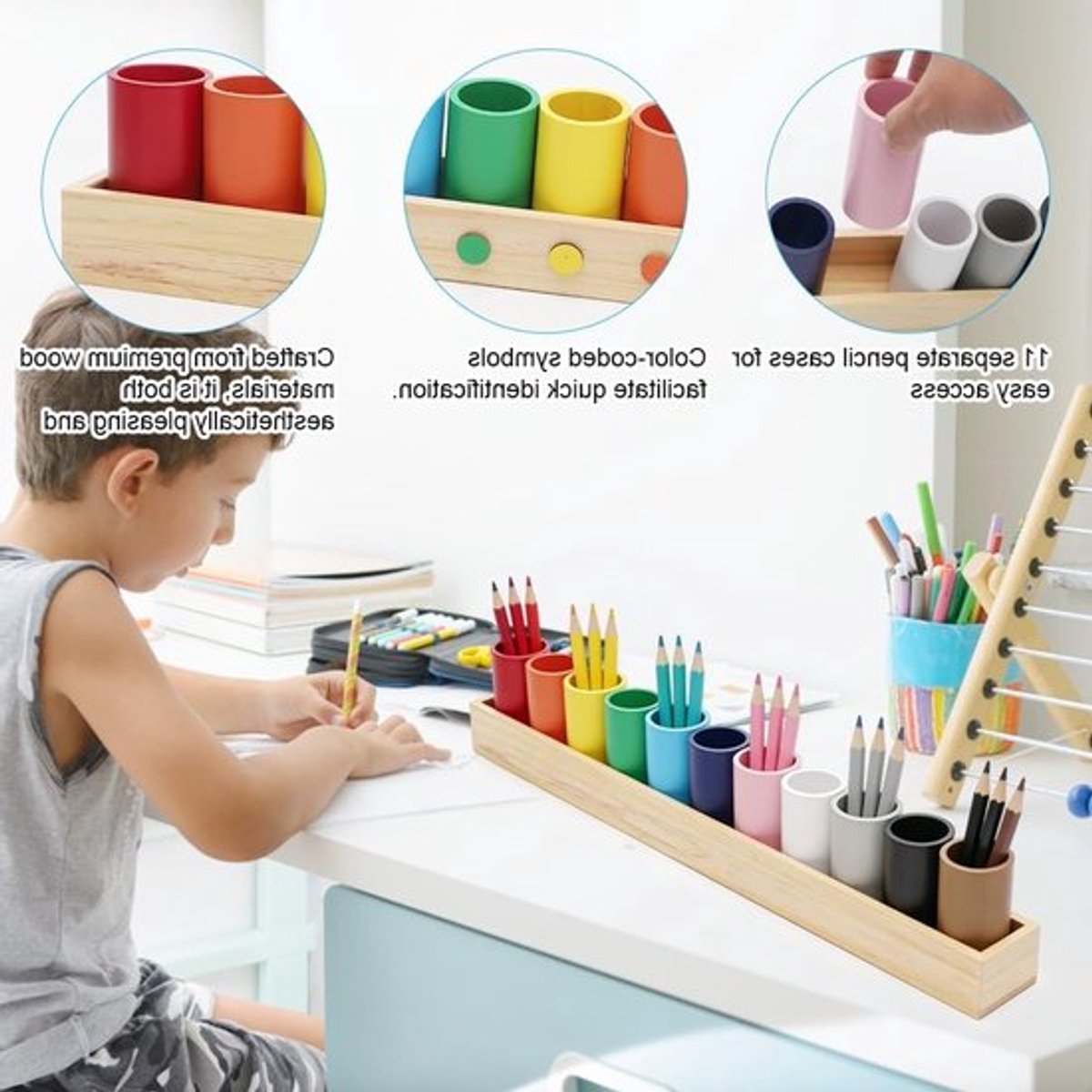 Houten Kleurpotloodhouder 46 x 6 x 8 cm met 11 Compartimenten, Montessori Pen Organizer voor Kinderen, Bureau Organizer, Potlooddoos voor School en Thuis, Opbergruimte voor Kantoor en Creatieve Projecten