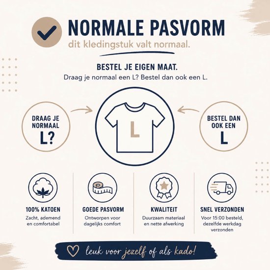 Infographic 'normale pasvorm' met t-shirt en tekst: 'Bestel je eigen maat'. 100% katoen, goede pasvorm, kwaliteit, snel verzonden.