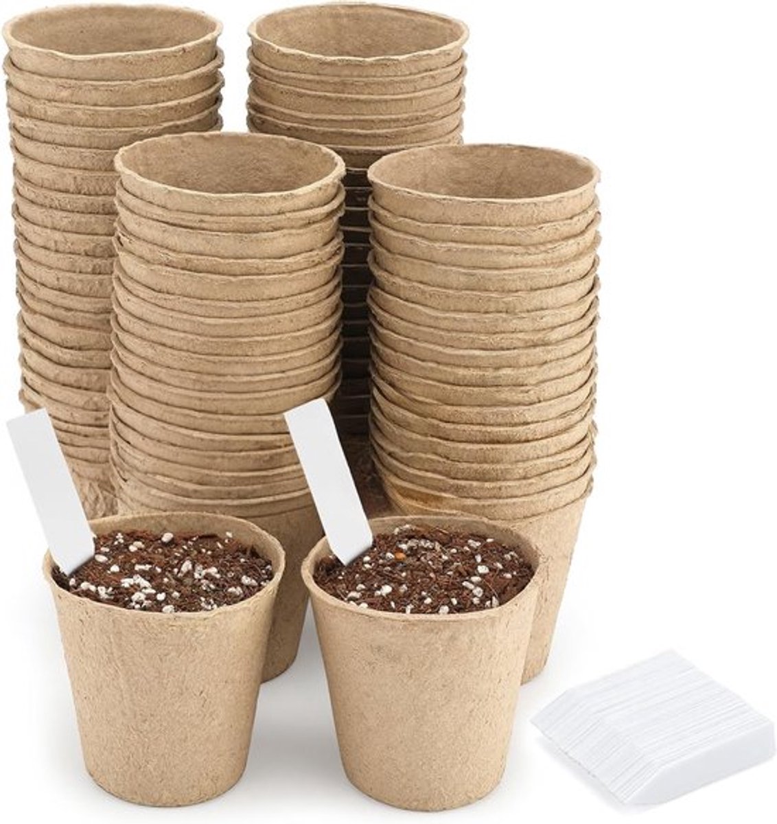 Biologisch afbreekbare 8cm Fiber Zaai Pots - 100 Stuks Met Plastic Plant Labels voor Zaailingen en Tuinieren