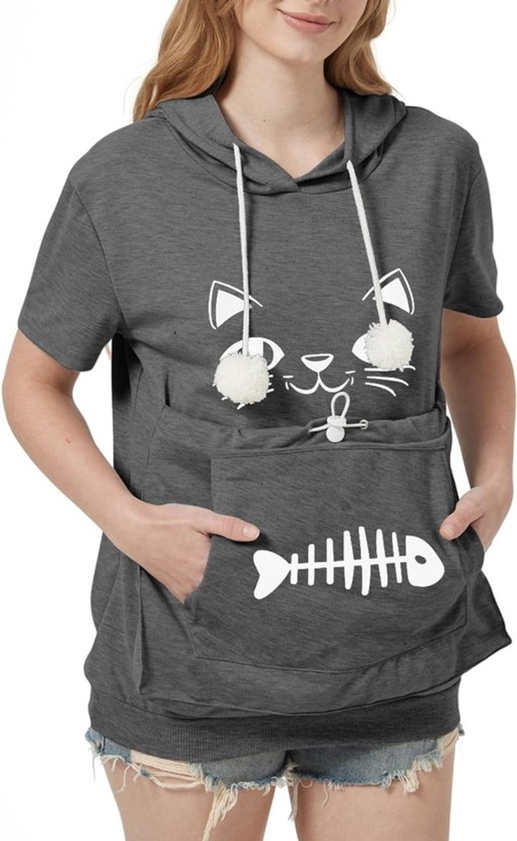 Schattige Dames Hoodie Korte Mouw, Casual Capuchontrui met Kattenzak, Ideaal voor Zomer en Vrije Tijd
