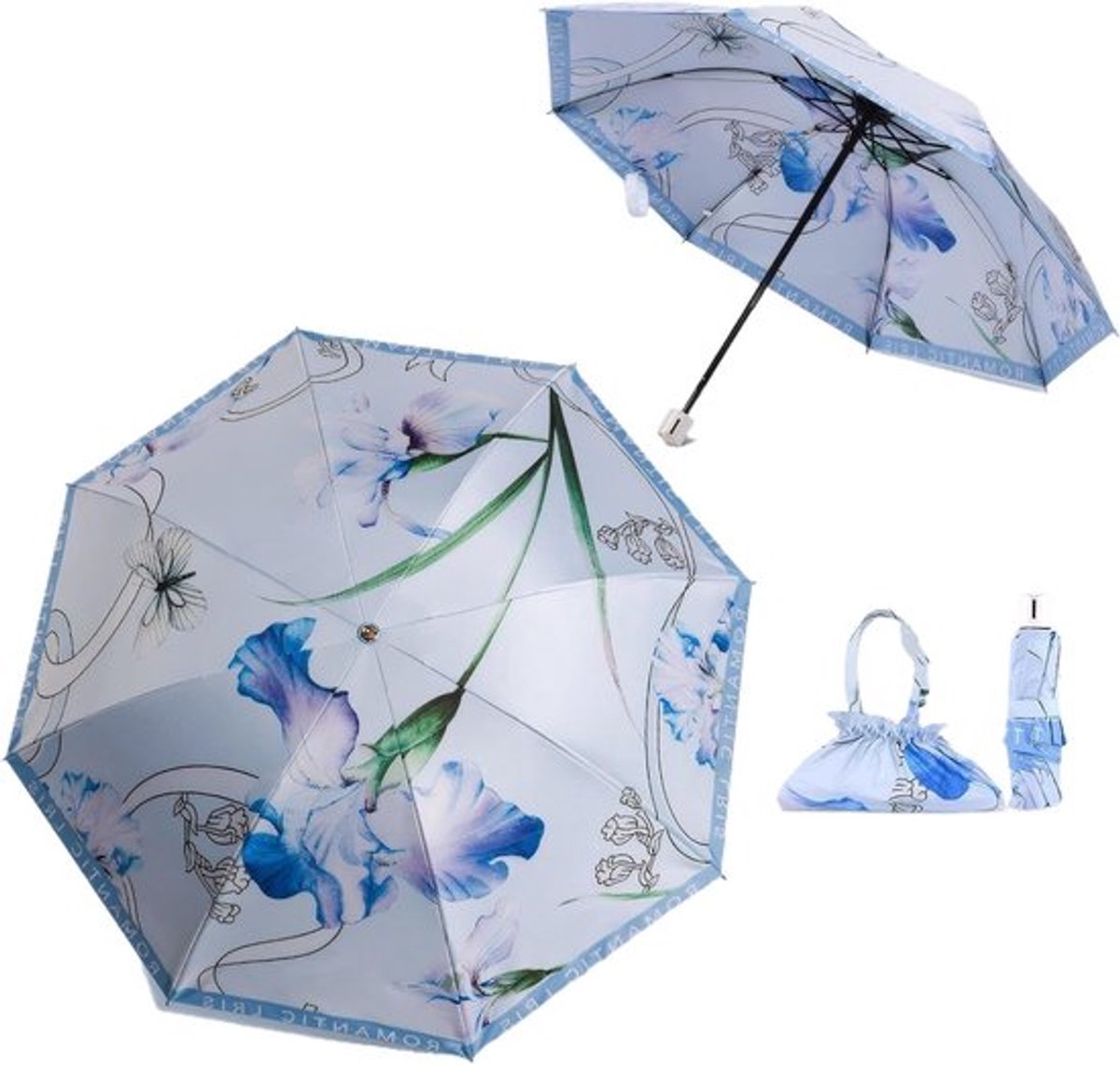 Opvouwbare Paraplu met Handtas, UV Bescherming, Waterdicht, Lichtgewicht, Retro Bloemenpatroon, Ideaal voor Vrouwen tijdens Reizen en in de Zomer