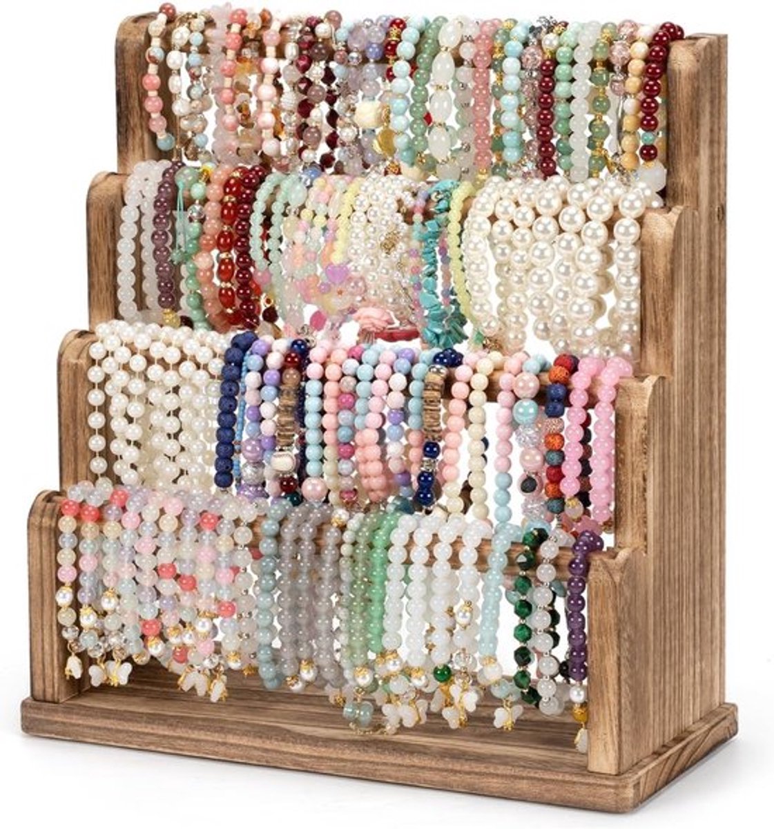 4-laags armbandhouder van hout, sieradenopslag voor armbanden, horloges en scrunchies, perfect voor thuis en markten
